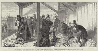 Wielka Katastrofa nad Tamizą, identyfikująca Ubrania Umarłych w Woolwich Dockyard (rycina) autorstwa English School