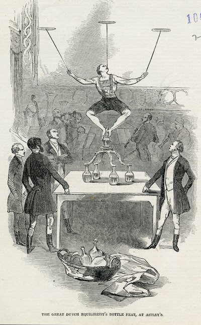 The Great Dutch Equilibrists Bottle Feat at Astleys, ilustracja zaczerpnięta z ilustrowanego London News, 1846 autorstwa English School