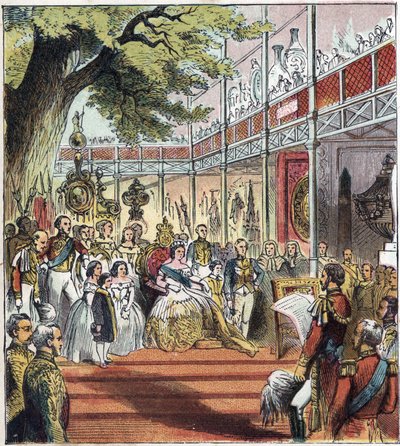 The Great London Expo w Hyde Parku w 1851. Wielka Wystawa 1851.” Szklany pałac został zbudowany w Hyde Parku w 1851 roku, aby wystawić wiele rzeczy z różnych narodów na całym świecie autorstwa English School