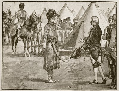 Wielki Moghul wkraczający do obozu angielskiego, 1765, ilustracja z Cassells Illustrated History of England (zdjęcie w sepii) autorstwa English School