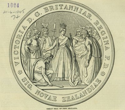 Wielka Pieczęć Nowej Zelandii, z The Illustrated London News, 21 czerwca 1845 autorstwa English School