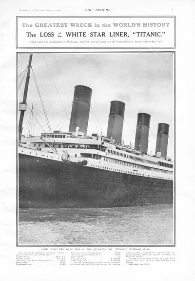 Największy wrak w historii świata – zaginięcie liniowca White Star, Titanic, z filmu The Sphere, 20 kwietnia 1912 autorstwa English School