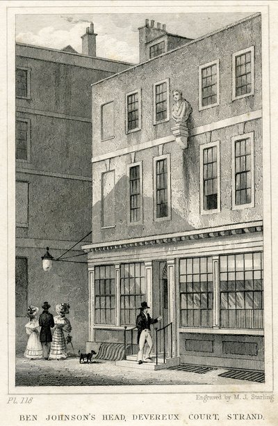 Grecian Coffee House, Devereux Court, Strand, z popiersiem Bena Johnsona (grawerunek) autorstwa English School