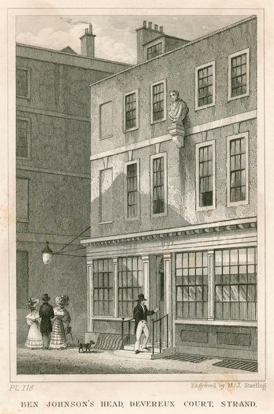 Grecian Coffee House, Devereux Court, Strand, z popiersiem Bena Johnsona autorstwa English School