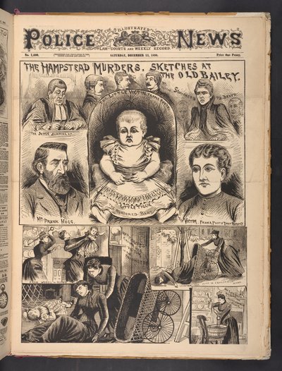 The Hampstead Murders, Sketches at The Old Bailey, z The Illustrated Police News, sobota, 13 grudnia 1890 r. (papier gazetowy) autorstwa English School