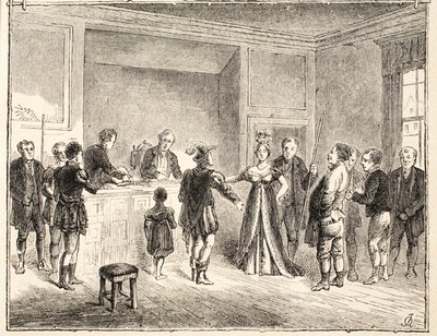 Ręka i nożyce, sprawa przed sądem Pie-Poudre, z rysunku z 1811 r. autorstwa English School