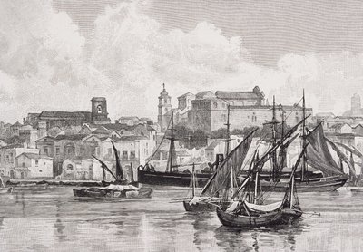 Port, Brindisi, Włochy, z „Malowniczego Morza Śródziemnego”, tom 3, wydanego przez Cassell and Co. Ltd., lata 80.-90. autorstwa English School