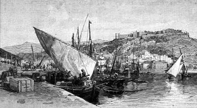 Port, Malaga, Hiszpania, z „Malowniczego Morza Śródziemnego”, tom 3, wydanego przez Cassell and Co. Ltd. autorstwa English School