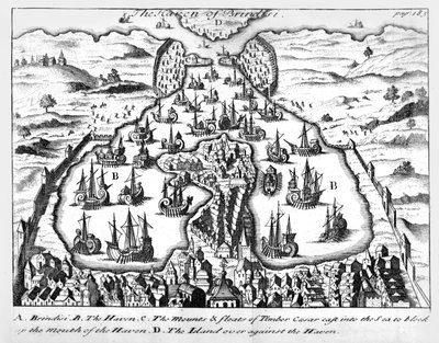 Przystań Brindisi, ilustracja do „Komentarzy Juliusza Cezara o jego wojnach w Galii i wojnie domowej z Pompejuszem” przetłumaczona na język angielski przez Martina Bladena, opublikowana w 1706 r. autorstwa English School