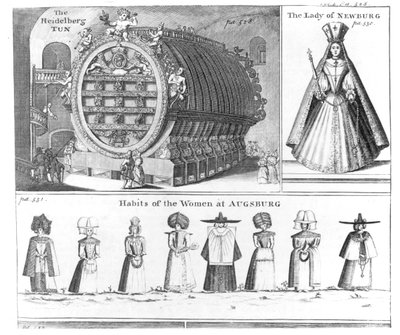 Heidelberg Tun, The Lady of Newburg and Habits of the Women of Augsburg, z Missons Nouveau voyage dItalie opublikowany w Navigantium atque Itinerantium Bibliotheca przez Harrisa, wydanie poprawione, 174 autorstwa English School
