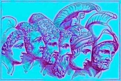 Bohaterowie wojny trojańskiej: Paryż, Diomedes, Odyseusz, Nestor, Achilles, Agamemnon, ilustracja z Ilustrowanej Historii Świata, wydanej ok. 1880 r. (obraz ulepszony cyfrowo) autorstwa English School