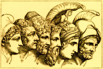 Bohaterowie wojny trojańskiej: Paryż, Diomedes, Odyseusz, Nestor, Achilles, Agamemnon, ilustracja z Ilustrowanej Historii Świata, wydanej ok. 1880 r. (obraz ulepszony cyfrowo) autorstwa English School
