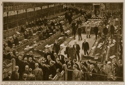 Scena historyczna w Izbie Gmin, kiedy projekt ustawy o służbie wojskowej przeszedł trzecie czytanie, 1914-19 autorstwa English School