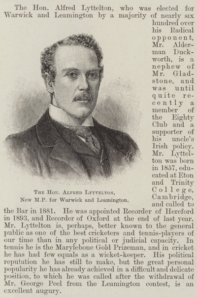 Szanowny Alfred Lyttelton, nowy poseł do Warwick i Leamington (grawerunek) autorstwa English School