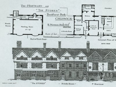 Hostelry and The Stores, Bedford Park, Chiswick, z The Building News, 1877 autorstwa English School