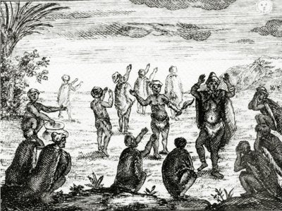 Hotentoci czczą Księżyc, ilustracja z „Obecnego stanu Przylądka Dobrej Nadziei” Petera Kolba, opublikowana w 1731 r. autorstwa English School
