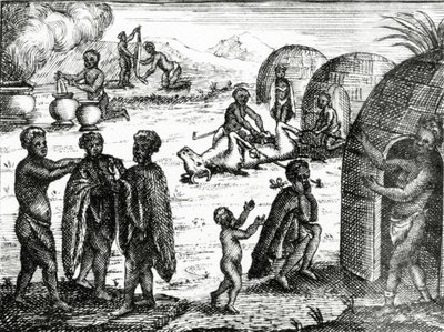 Hotentoci uwielbiają pewnego owada, ilustracja z „Obecnego stanu Przylądka Dobrej Nadziei” Petera Kolba, wydana w 1731 r. autorstwa English School