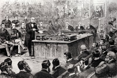 4-р сарын 8-ны Пүрэв гарагт Нийтийн танхим: 1886 оны 4-р сарын 17-ны "The Illustrated London News" сэтгүүлээс Ирландын засгийн газрын тухай мэтгэлцээн. autorstwa English School