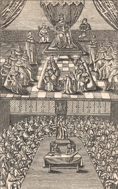 Izba Lordów i Izba Gmin za króla Karola I, ok. 1640 (kolorowy drzeworyt) autorstwa English School
