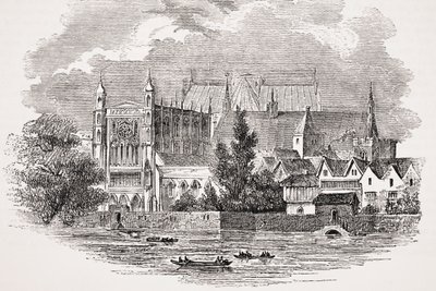 Houses of Parliament od rzeki w czasach Johna Hampdena, z „Starej Anglii Worthies” Lorda Broughama i innych, opublikowane w Londynie, ok. 1880 r. autorstwa English School