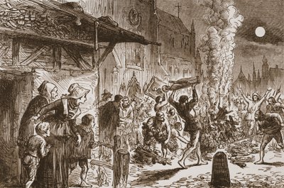 Ikonoklasci w Bazylei płonący obrazy i idole, ilustracja z Historii protestantyzmu Jamesa Aitkena Wylie (1808-1890), wyd. 1878 autorstwa English School