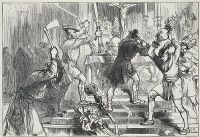 Ikonoklasci niszczą obrazy i dekoracje ołtarzowe kościoła rzymskokatolickiego, ilustracja z Historii protestantyzmu Jamesa Aitkena Wylie (1808-1890), wyd. 1878 autorstwa English School