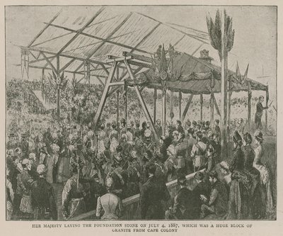 The Imperial Institute: Jej Wysokość kładzie kamień węgielny 4 lipca 1887, który był ogromnym blokiem granitu z Cape Colony autorstwa English School