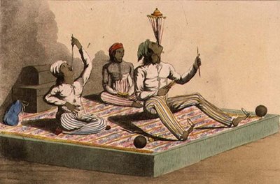 The Indian Jugglers, październik 1813, z „Repozytorium Sztuki Ackermanna”, publikacja 1809-28 (kolor lito) autorstwa English School