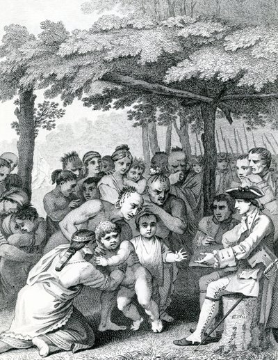 Indianie dostarczający angielskich jeńców pułkownikowi Bouquetowi w pobliżu jego obozu w Forks of Muskingham w Północnej Anerica, grawerowane przez Canota, 1764 autorstwa English School