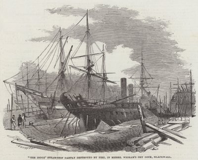 Parowiec „Indus” częściowo zniszczony przez ogień, w suchym doku Messers Wigram, Blackwall (rycina) autorstwa English School