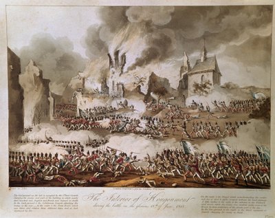 Wnętrze Hougoumont podczas bitwy w chwalebnym 18 czerwca 1815, rytowane przez T. Sutherland, opublikowane 1816 (akwatinta) autorstwa English School