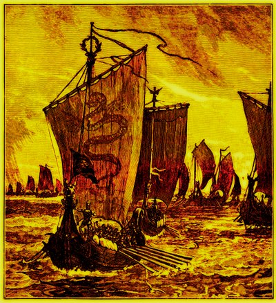 The Keels of the Northmen, ilustracja do Historii Anglii autorstwa H.O. Arnold-Forstera, opublikowana w 1897 r. (obraz ulepszony cyfrowo) autorstwa English School