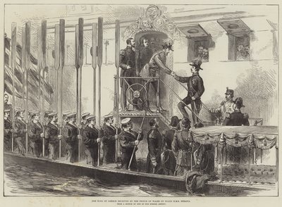 Król Grecji przyjęty przez księcia Walii na pokładzie HMS Serapis (rycina) autorstwa English School