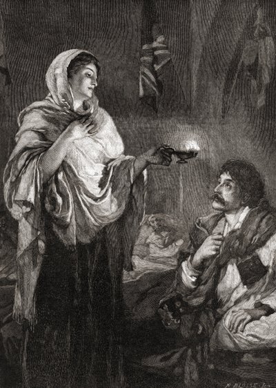 Dama z lampą: Florence Nightingale w szpitalu w koszarach Scutari w Turcji podczas wojny krymskiej. autorstwa English School