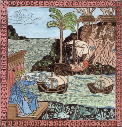 Lądowanie Kolumba, z tomu II „Narracyjnej i krytycznej historii Ameryki”, pod redakcją Justina Winsora, Londyn, 1886 r. (drzewryt) (późniejsza kolorystyka) autorstwa English School