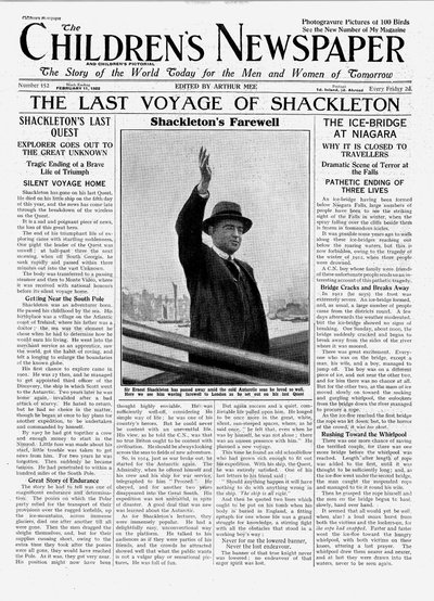 Ostatnia podróż Shackletona, pierwsza strona „Gazety Dziecięcej”, luty 1922 (druk gazetowy) autorstwa English School