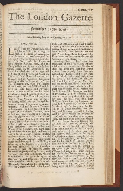 The London Gazette, nr 5655, s. 1, 28 czerwca 1718 (druk) autorstwa English School