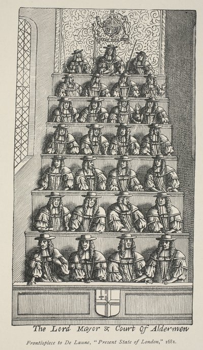 Lord Mayor and Court Of Aldermen, frontispis z De Launes Angliae Metropolis, 1681 autorstwa English School