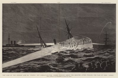 Utrata linii kotwicy SS „Utopia” u wybrzeży Gibraltaru, statek zatonął około dziesięciu minut po uszkodzeniu barana HMS „Anson” (rycina) autorstwa English School
