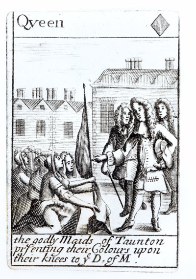 Maids of Taunton klęczące przed księciem Monmouth, 18 czerwca 1685, Królowa Diamentów do gry w karty z zestawu upamiętniającego bunt Monmouths autorstwa English School