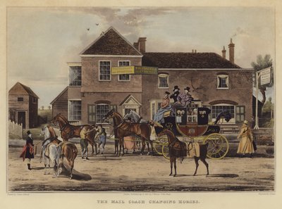 The Mail Coach Change Horses (kolorowy grawerunek) autorstwa English School