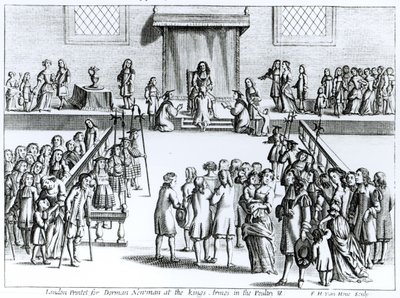 Sposób Jego Królewskiej Mości Leczenia Choroby zwanej Złem Króla, rytowany przez Fredericka Hendricka van Hove (ok. 1628-98) wydrukowany dla Dormana Newmana (patrz także 259707) autorstwa English School