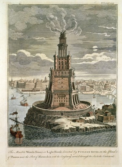 Marmurowa wieża strażnicza lub latarnia morska wzniesiona przez Ptolemeusza Sotera na wyspie Faros, w pobliżu portu w Aleksandrii (kolorowy wydruk) autorstwa English School
