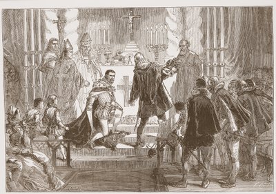 Marszałek Polski domagający się przysięgi od księcia Andegaweńskiego, ilustracja z Historii protestantyzmu Jamesa Aitkena Wyliego (1808-1890), wyd. 1878 autorstwa English School