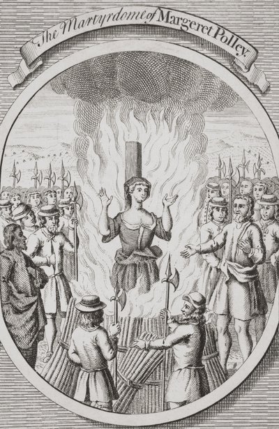 Męczeństwo Margeret Polley w Tunbridge, z "The Burning of the Martyrs", opublikowanego w 1741 r. (litografia) autorstwa English School
