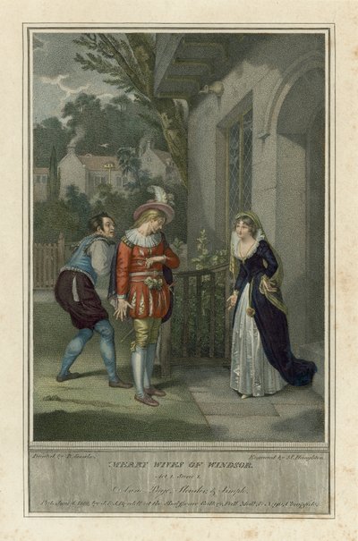 Wesołe żony Windsoru, akt I, scena 1 (kolorowa rycina) autorstwa English School