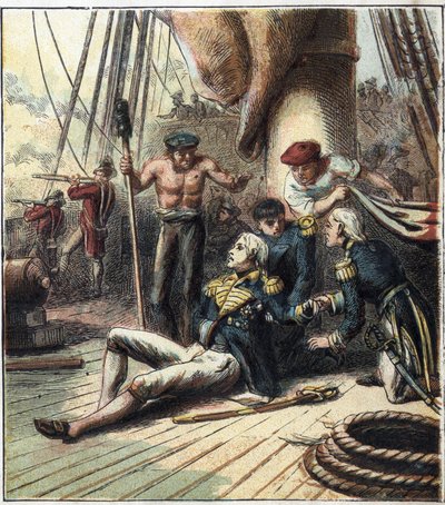 Wojna napoleońska: bitwa pod Trafalgarem, w dniu 21.10.1805 r. przeciwstawiła się flocie francusko-hiszpańskiej pod dowództwem admirała Villeneuve flotę brytyjską dowodzoną przez wiceadmirała Nelsona. Zmarł tam. „Bitwa pod Trafalgarem” autorstwa English School