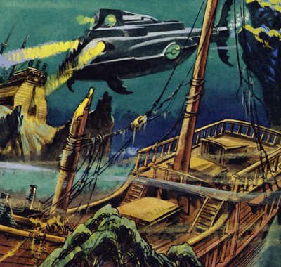 Nautilus przeleciał nad rozbitymi kadłubami dwóch francuskich galeonów autorstwa English School