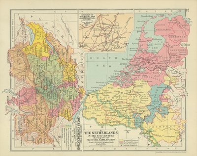Holandia w XVII wieku pokazująca również główne pola bitew (kolorowa litografia) autorstwa English School