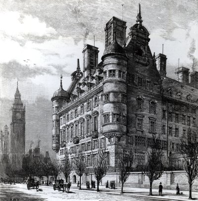 The New Police Offices on the Victoria Embankment, grawerowane przez H.W.B., opublikowane w „The Illustrated London News” c.1890 autorstwa English School